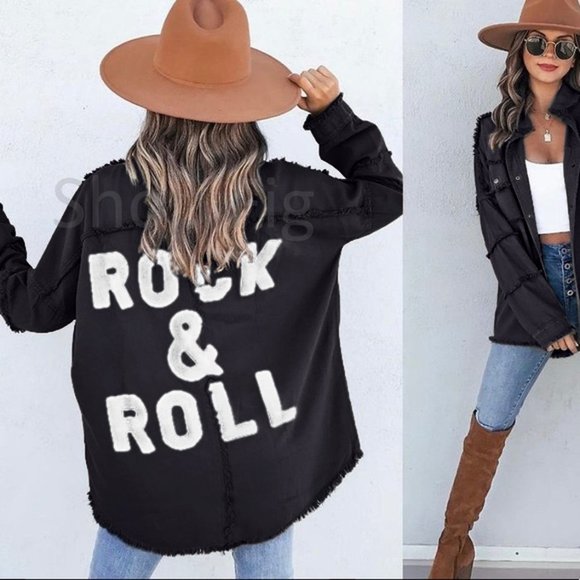 Shop Fig Jackets & Blazers - New Black Rock N Roll Distressed Shacket Denim Jacket Coat